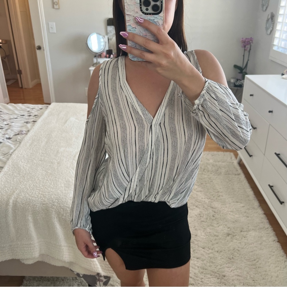 Cold shoulder black and white striped top